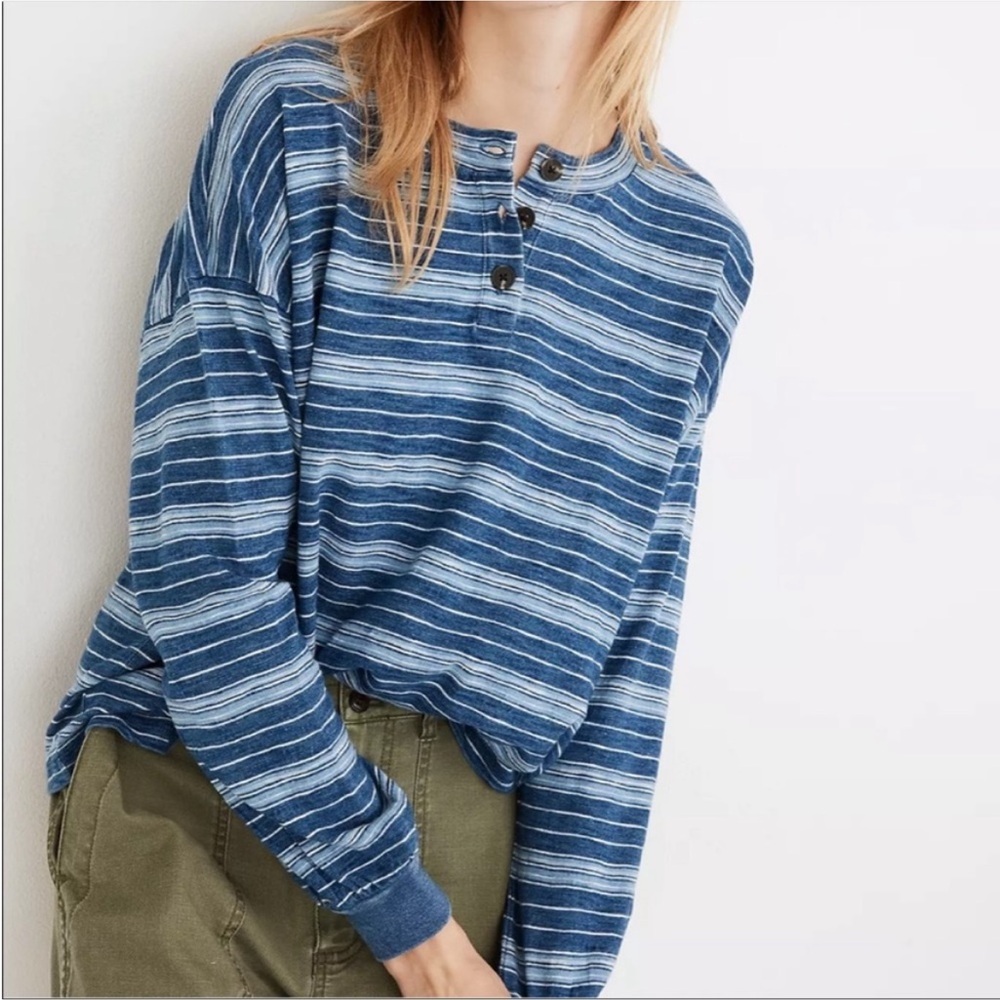 Striped Blue Long Sleeve Henley Shirt